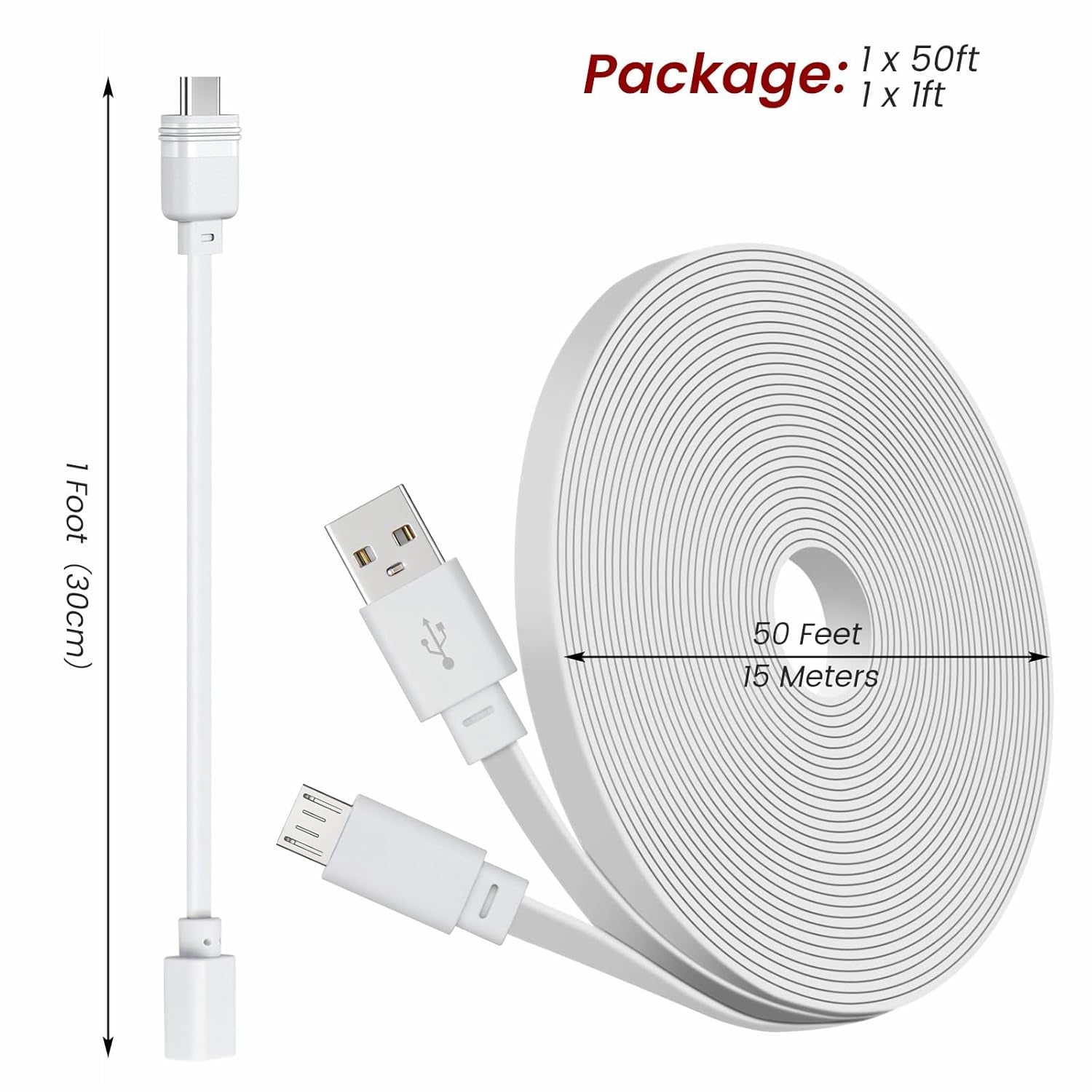 50Ft Power Extension Cable Compatible with Blink Mini 2, Blink Mini and Blink Outdoor 4 Cameras - 15M Long Flat Micro USB Charging Cord with 30Cm USB C Waterproof Adapter and 18W Fast Charger, White