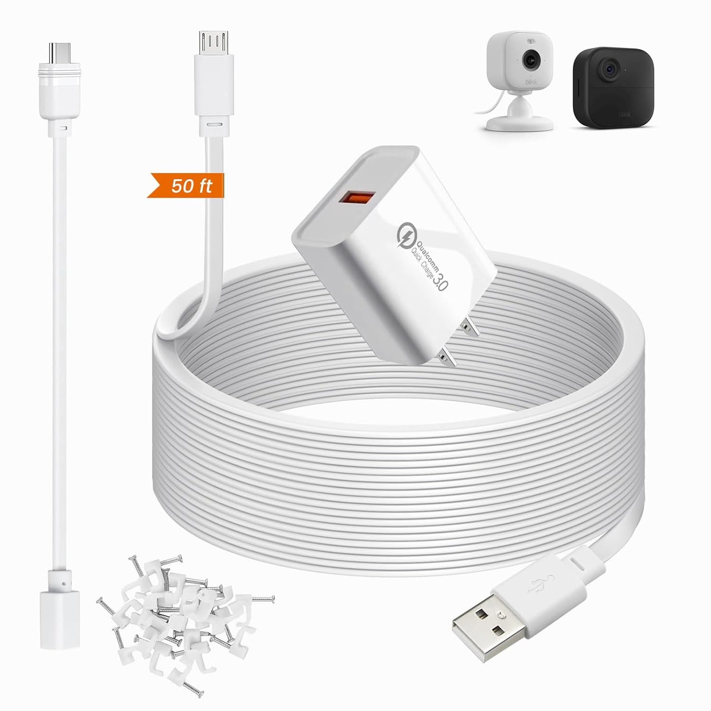 50Ft Power Extension Cable Compatible with Blink Mini 2, Blink Mini and Blink Outdoor 4 Cameras - 15M Long Flat Micro USB Charging Cord with 30Cm USB C Waterproof Adapter and 18W Fast Charger, White
