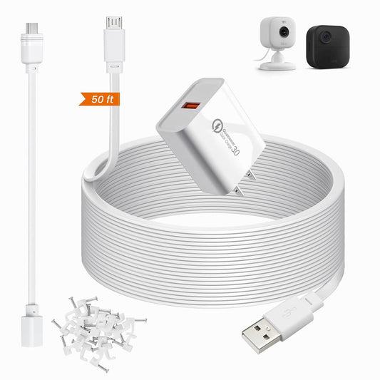 50Ft Power Extension Cable Compatible with Blink Mini 2, Blink Mini and Blink Outdoor 4 Cameras - 15M Long Flat Micro USB Charging Cord with 30Cm USB C Waterproof Adapter and 18W Fast Charger, White